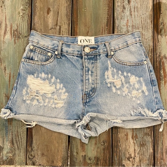 One Teaspoon Sz 5 (27) Denim Shorts Hawks High Rise Destroyed Ripped Butt - Picture 2 of 12